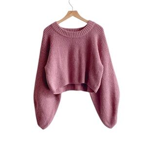 Urban Outfitters pink crop crewneck sweater with puff sleeves size L Large